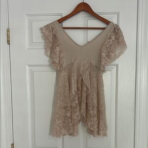 Free People Cream Blouse with Elegant Lace and Flutter Sleeves